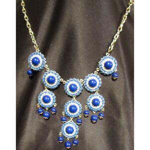 Enamel Blue rhinestone bib necklace sparkles in the light claw clasp gold tone